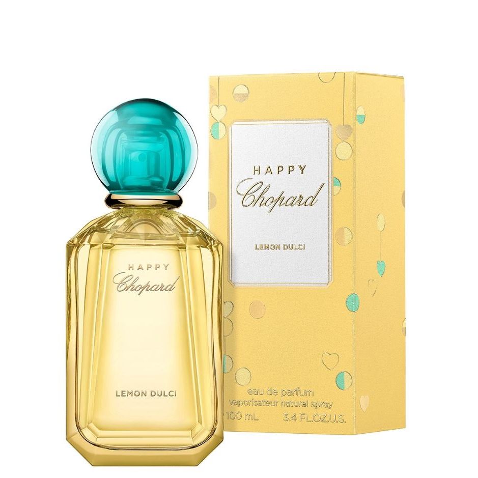 Happy Chopard Lemon Dulci perfume bottle with teal cap and matching yellow box