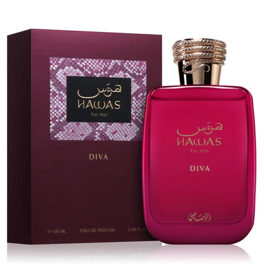 Hawas Diva perfume bottle and box in pink with gold accents, feminine fragrance product