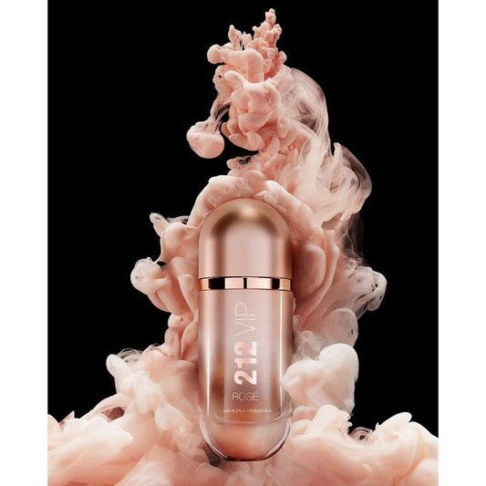 Rose gold 212 VIP Rosé perfume bottle with pink smoke effect on black background