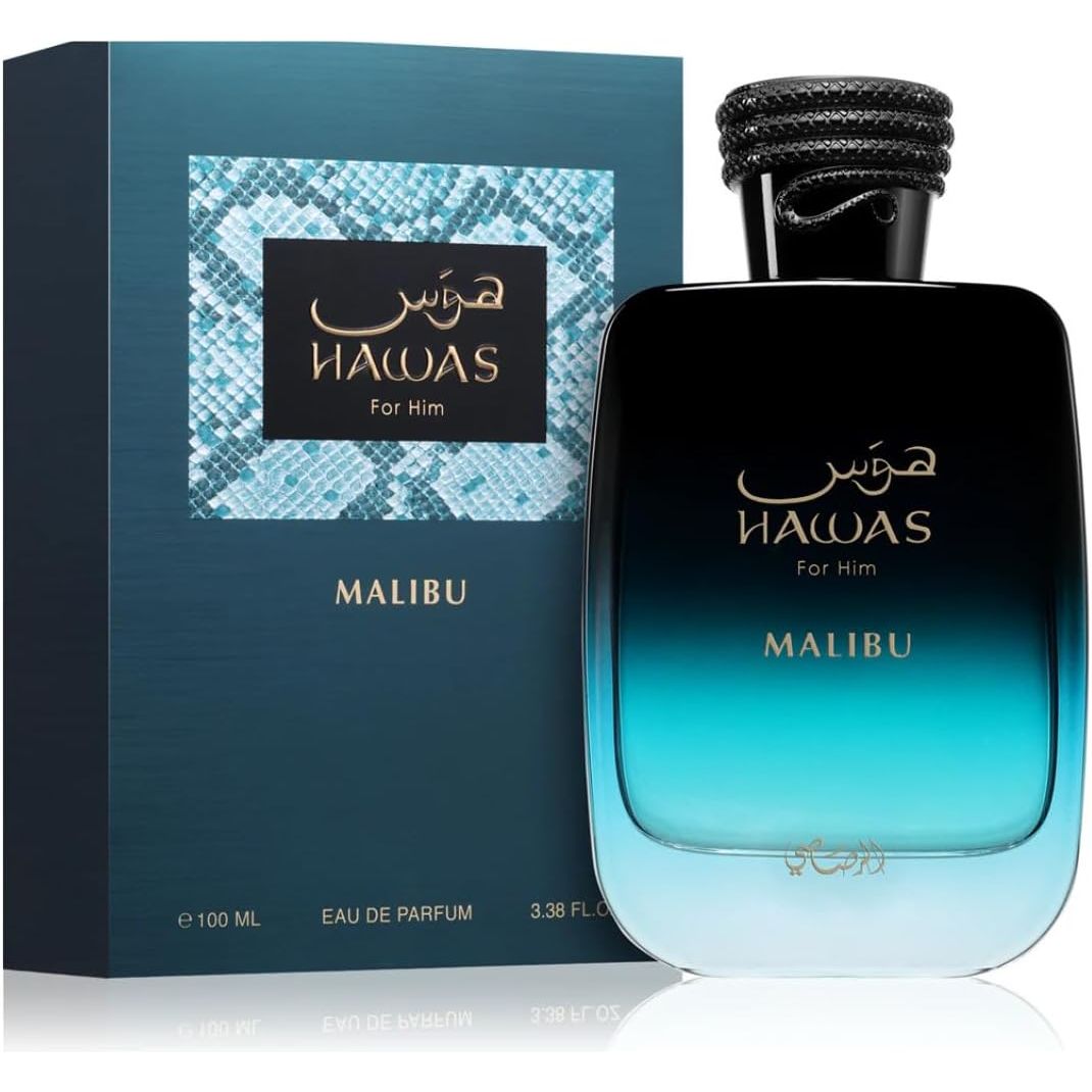 Hawas for Him Malibu Eau de Parfum 100ml bottle and box, luxury men's fragrance