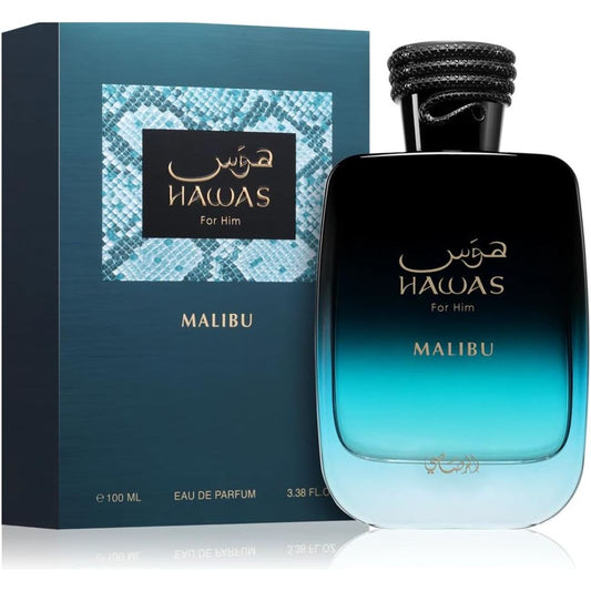 Hawas for Him Malibu Eau de Parfum 100ml bottle and box, luxury men's fragrance