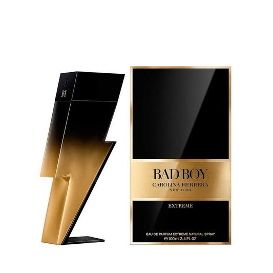 Carolina Herrera Bad Boy Extreme perfume, gold lightning bolt bottle with matching box