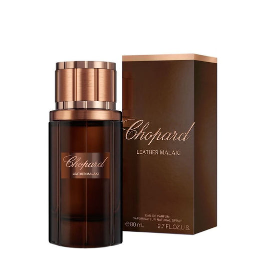 Chopard Leather Malaki perfume bottle and box, luxury men's fragrance, brown and gold design