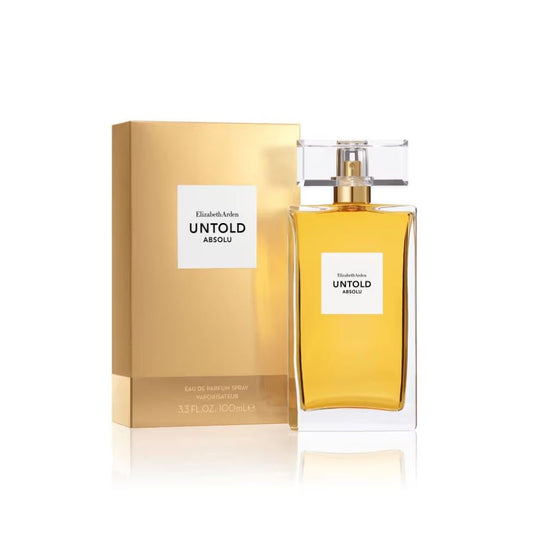 Elizabeth Arden Untold Absolu perfume bottle and gold packaging, luxury fragrance product