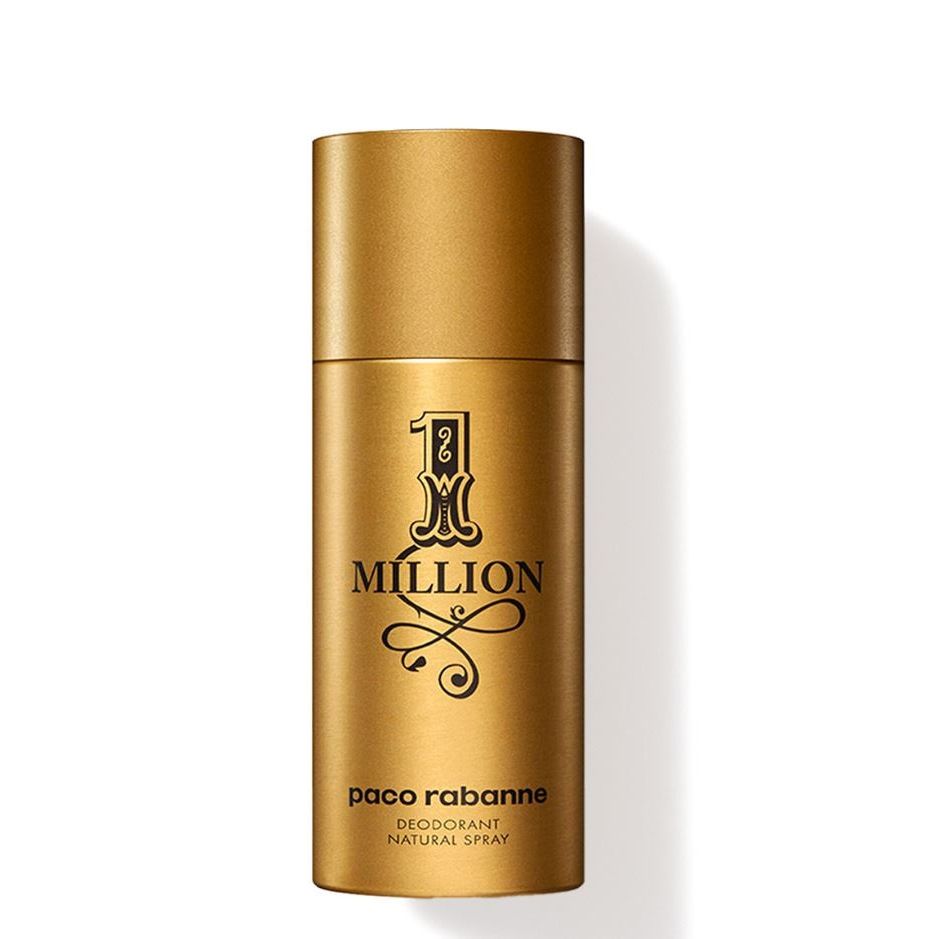 Gold Paco Rabanne 1 Million deodorant spray can with bold black logo on white background