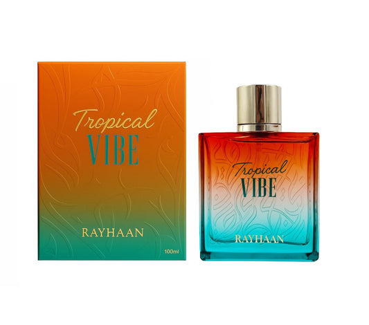 Rayhaan Tropical Vibe perfume bottle and box, 100ml, vibrant gradient design, luxury Arabic fragrance