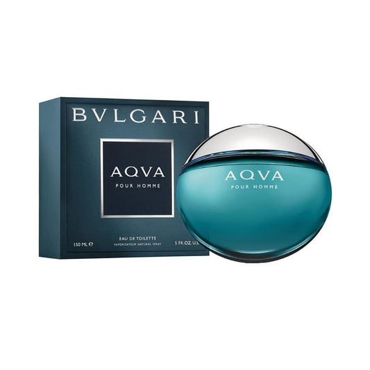 Aqua blue BVLGARI AQVA Pour Homme eau de toilette bottle and box for men fragrance