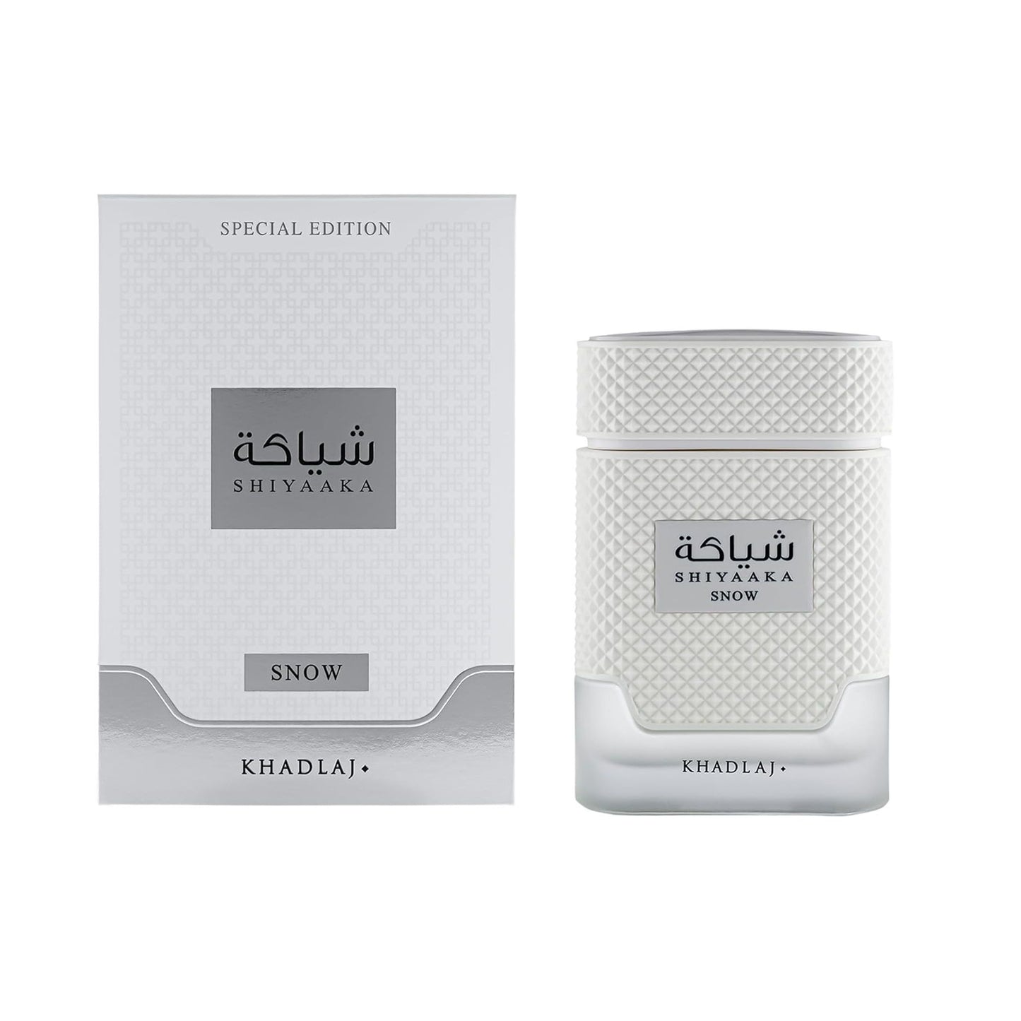 Shiyaaka Snow Special Edition luxury perfume by Khadlaj, featuring elegant white textured bottle and packaging.