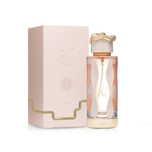 Lattafa Teriq perfume bottle and box with gold accents, luxury fragrance display