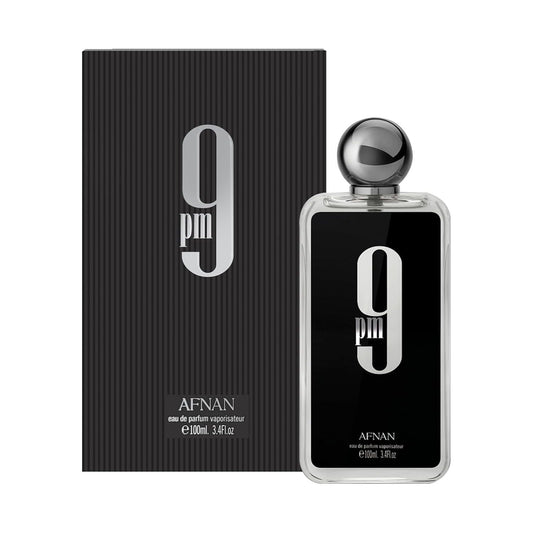 Afnan 9pm Eau de Parfum 100ml bottle and box, elegant black packaging fragrance
