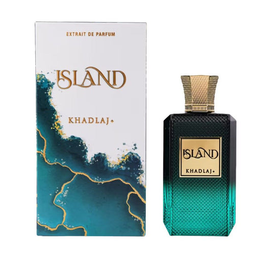 Khadlaj Island perfume bottle with textured gold cap and matching blue gradient box