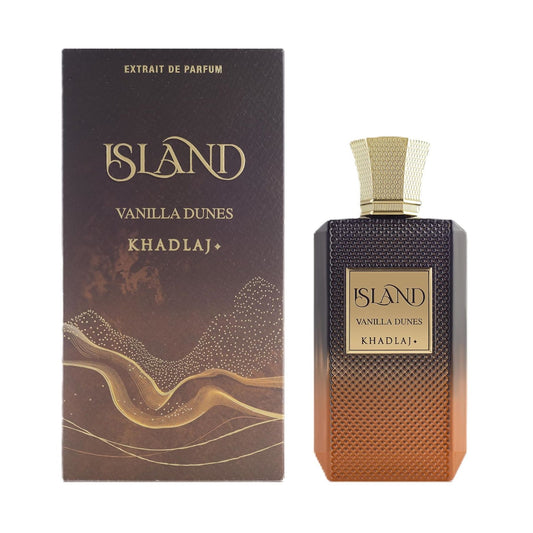 Island Vanilla Dunes perfume bottle and box with gold and brown gradient design