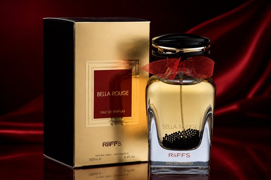 Riiffs Bella Rouge Eau de Parfum bottle with red ribbon, luxury fragrance in gold packaging, 100ml