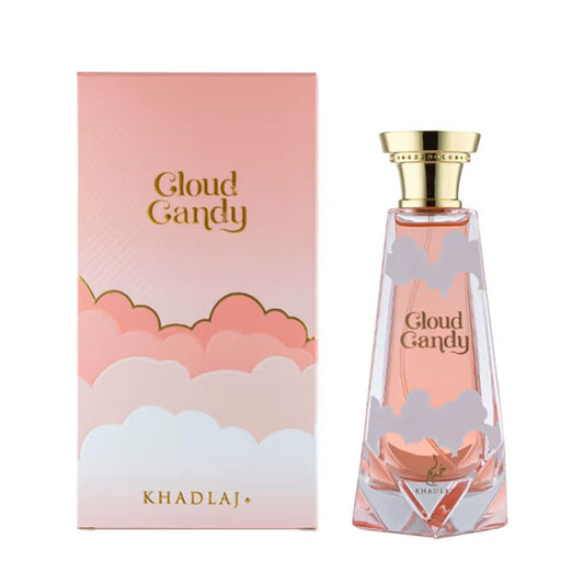 Cloud Candy perfume by Khadlaj with pink cloud-themed box and elegant glass bottle