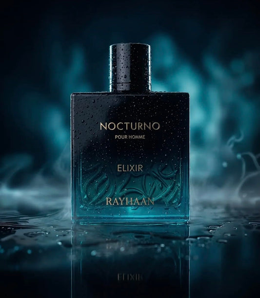 Nocturno Pour Homme Elixir by Rayhaan — luxury oud fragrance with dark bottle, water droplets, and misty blue backdrop