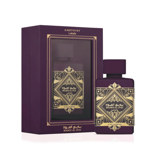 Amethyst Badee Al Oud perfume bottle and box with gold geometric design