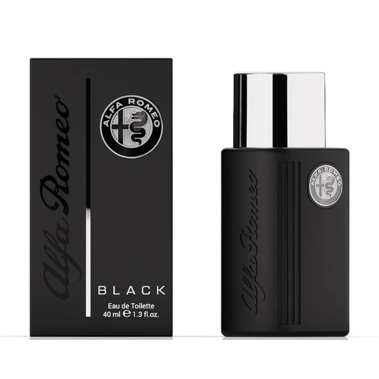 Alfa Romeo Black Eau de Toilette 40ml bottle and box, sleek black design with silver accents