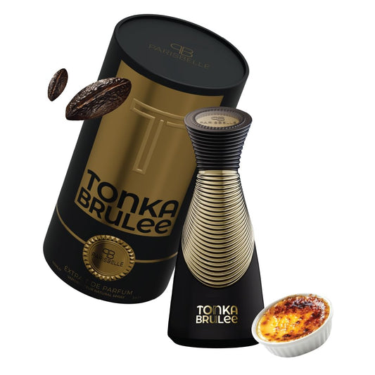Tonka Brulee luxury perfume with coffee beans and crème brûlée, elegant black and gold bottle and packaging