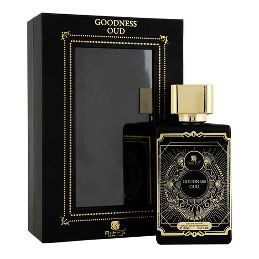 Luxury Goodness Oud perfume bottle with gold accents and black gift box, 100ml Eau de Parfum