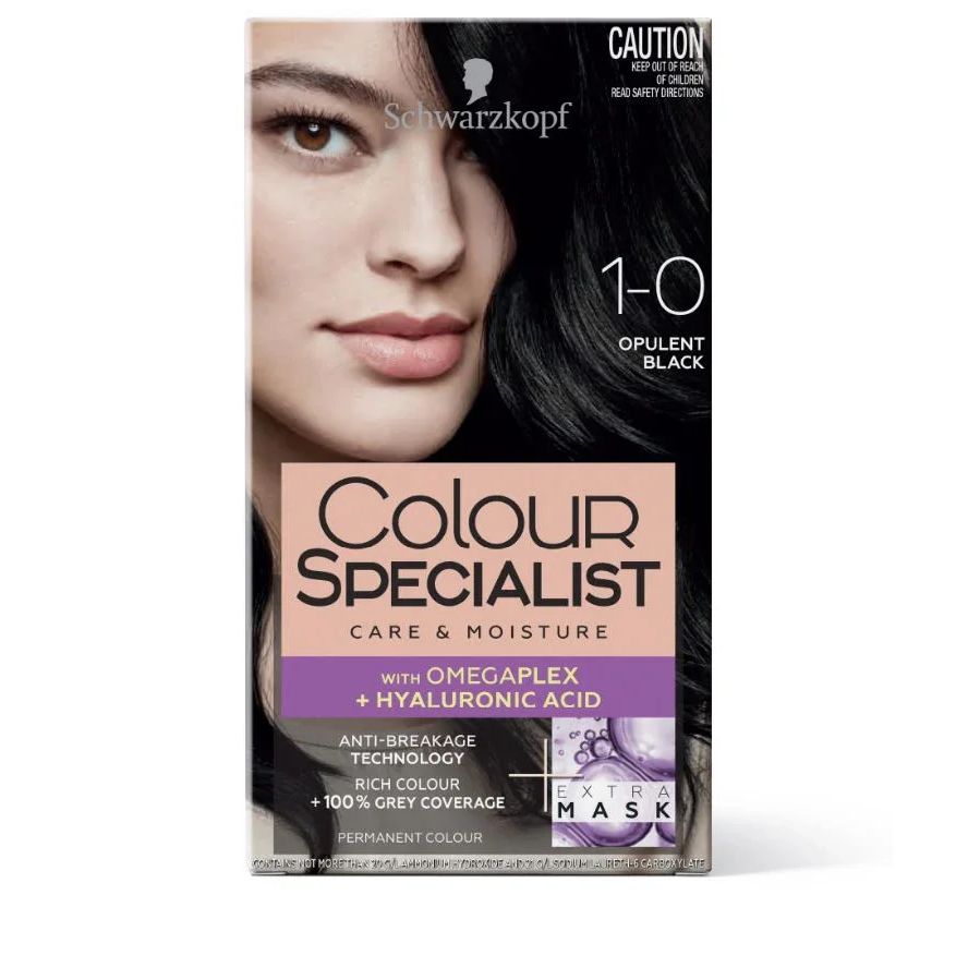 Schwarzkopf Colour Specialist Opulent Black hair dye box with anti-breakage and moisture care.