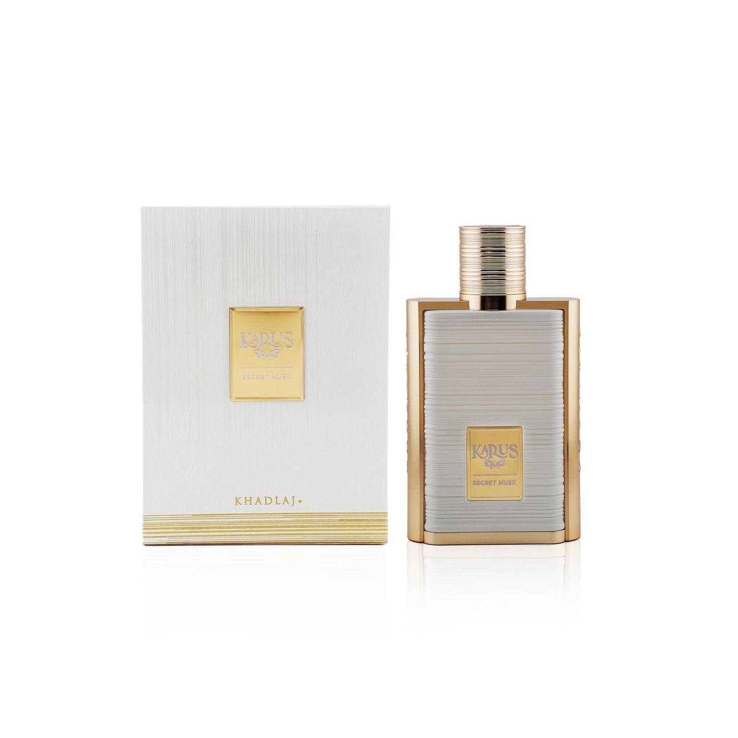 KARUS Secret Musk perfume bottle with textured gold and white packaging, luxury fragrance