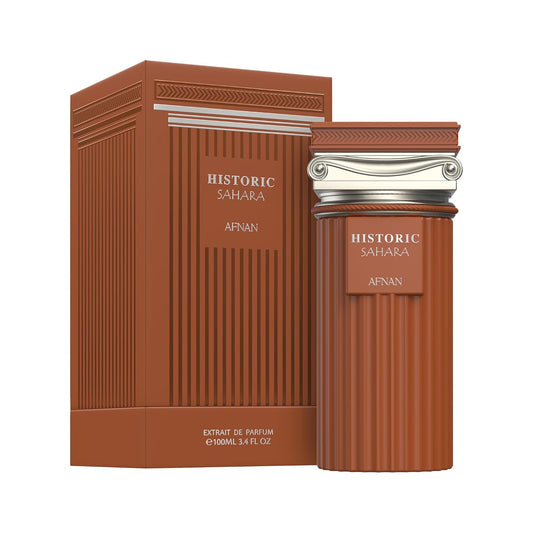 Afnan Historic Sahara perfume bottle and box with brown and silver design, 100ml Extrait de Parfum