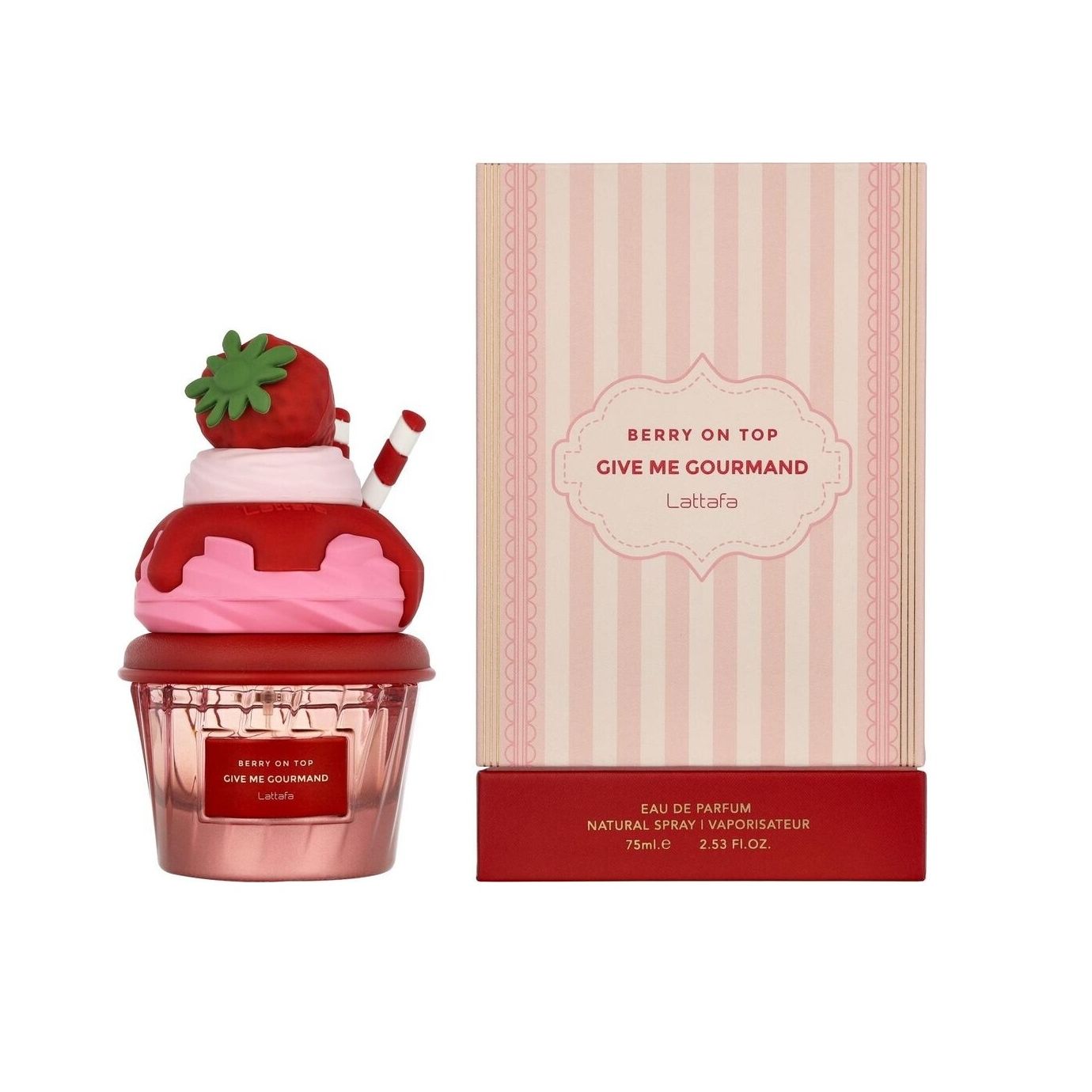 Berry On Top Give Me Gourmand perfume by Lattafa with cupcake-shaped bottle and box