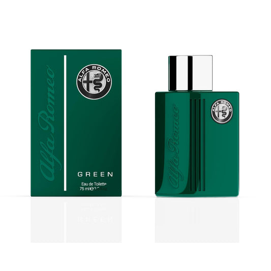 Alfa Romeo Green Eau de Toilette 75ml bottle and box, luxury men's fragrance with sleek green design