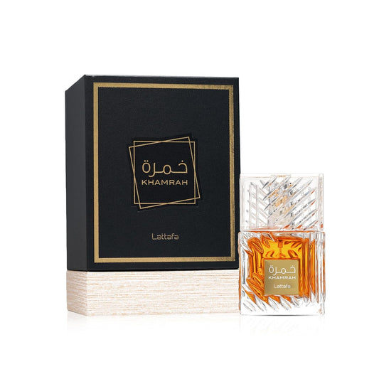 Lattafa Khamrah perfume bottle with textured glass and black gold box packaging