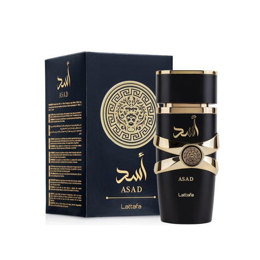 Lattafa Asad perfume bottle and box in black and gold with decorative lion emblem