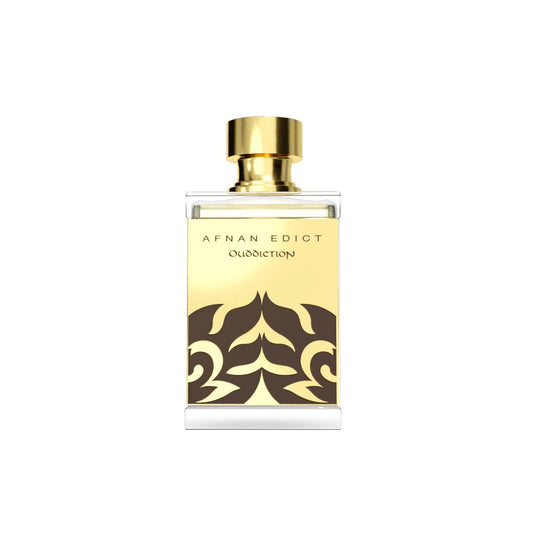 Afnan Edict Ouddiction perfume bottle with gold cap and decorative label on white background.