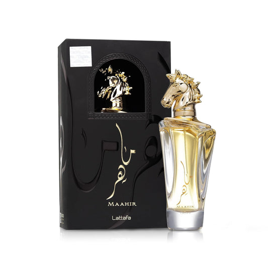 Maahir Lattafa perfume bottle with gold horse head cap and black packaging, fragrance product