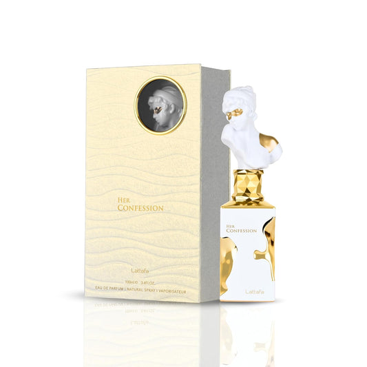 Lattafa Her Confession perfume with gold and white bottle, sculpted bust cap, and matching box