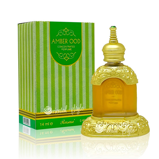 Amber Ood concentrated perfume in ornate gold bottle with green box, luxury Arabic fragrance
