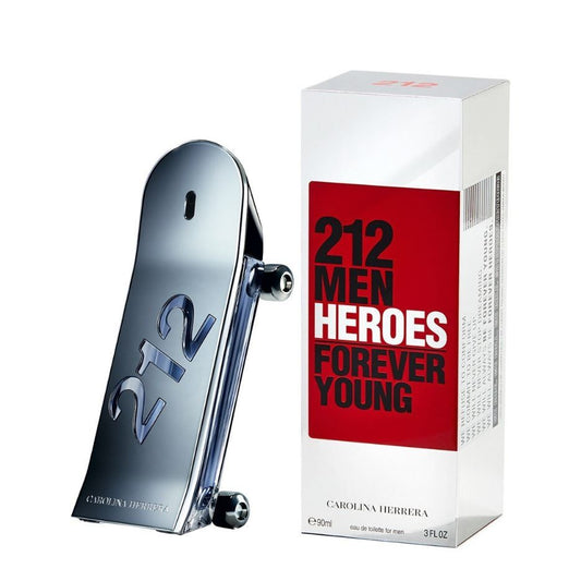 212 Men Heroes Forever Young eau de toilette by Carolina Herrera, sleek silver bottle with red box