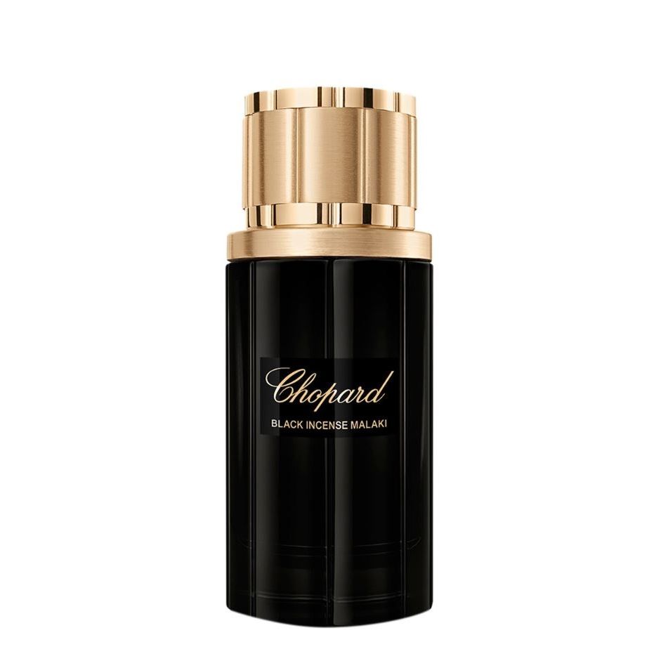 Chopard Black Incense Malaki perfume bottle with gold cap on white background