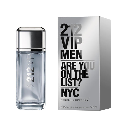 212 VIP Men Eau de Toilette by Carolina Herrera, sleek silver bottle and box, luxury fragrance for men