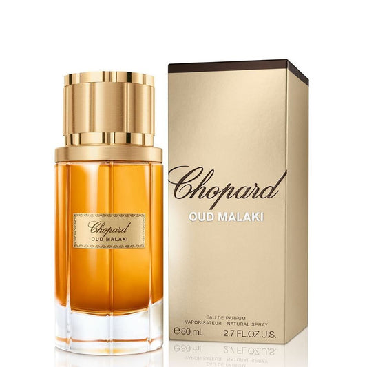 Chopard Oud Malaki perfume bottle and gold box, luxury fragrance, 80ml eau de parfum