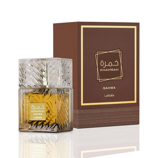 Lattafa Khamrah Qahwa perfume bottle with patterned glass and matching brown box