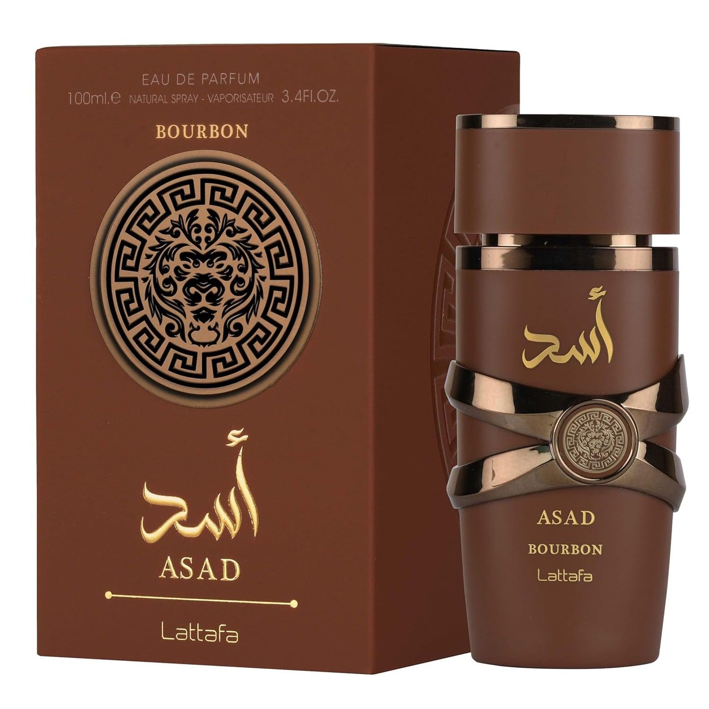 Lattafa Asad Bourbon perfume bottle and box with lion emblem, brown and gold design