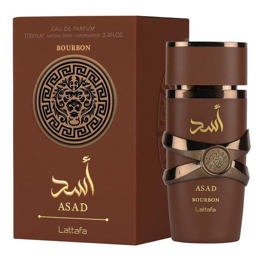 Lattafa Asad Bourbon perfume bottle and box with lion emblem, brown and gold design