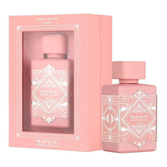 Pink Baddee Al Oud Noble Blush Lattafa perfume bottle and box with geometric design