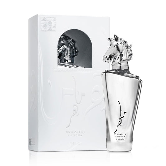 Lattafa Maahir Legacy perfume bottle with silver horse head cap, displayed beside white box