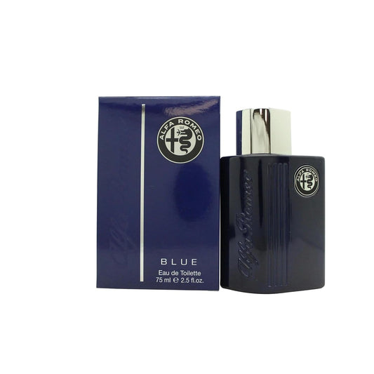 Alfa Romeo Blue Eau de Toilette 75ml bottle with sleek navy packaging and silver cap