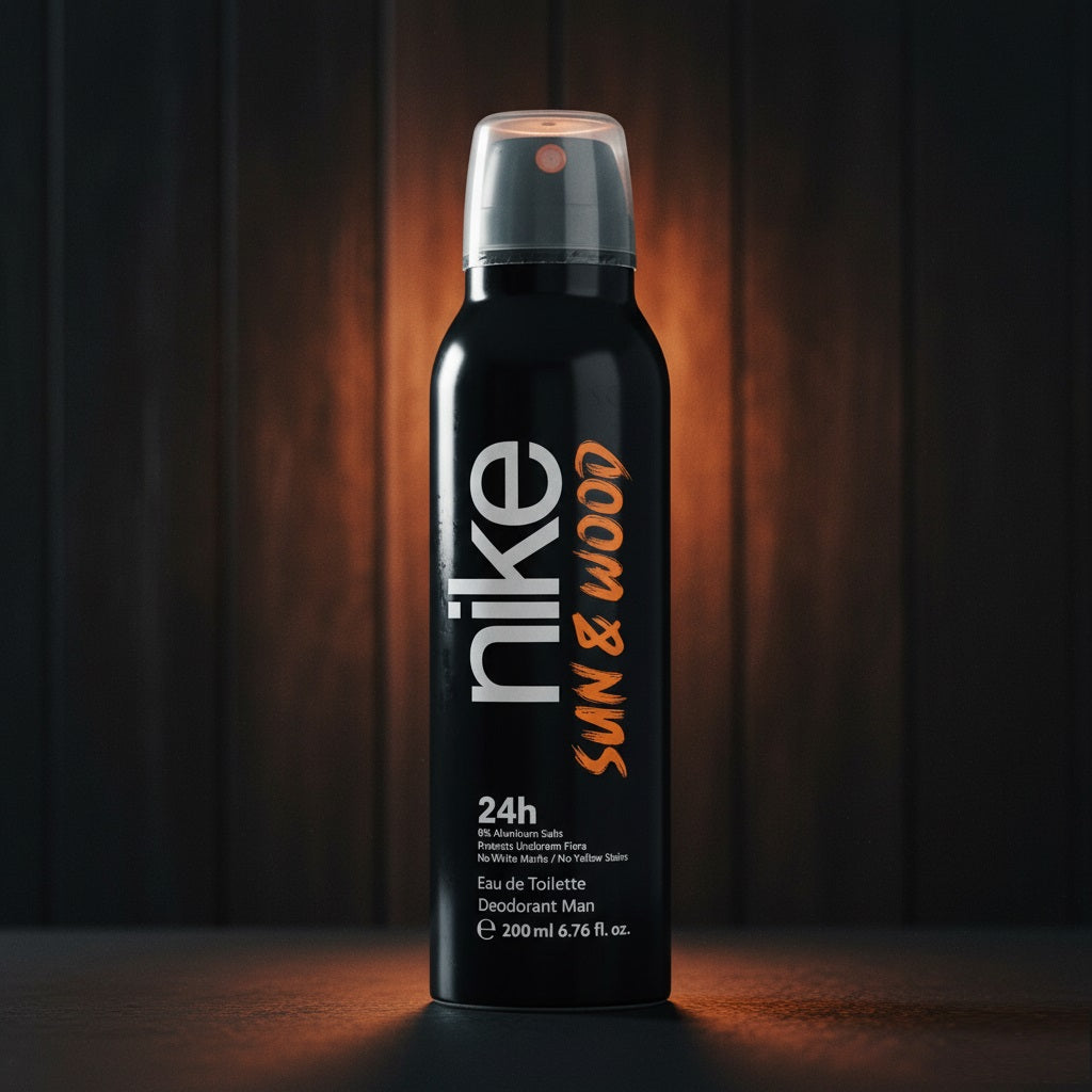 Nike Sun & Wood 24h Eau de Toilette Deodorant for Men, 200ml spray bottle with warm lighting