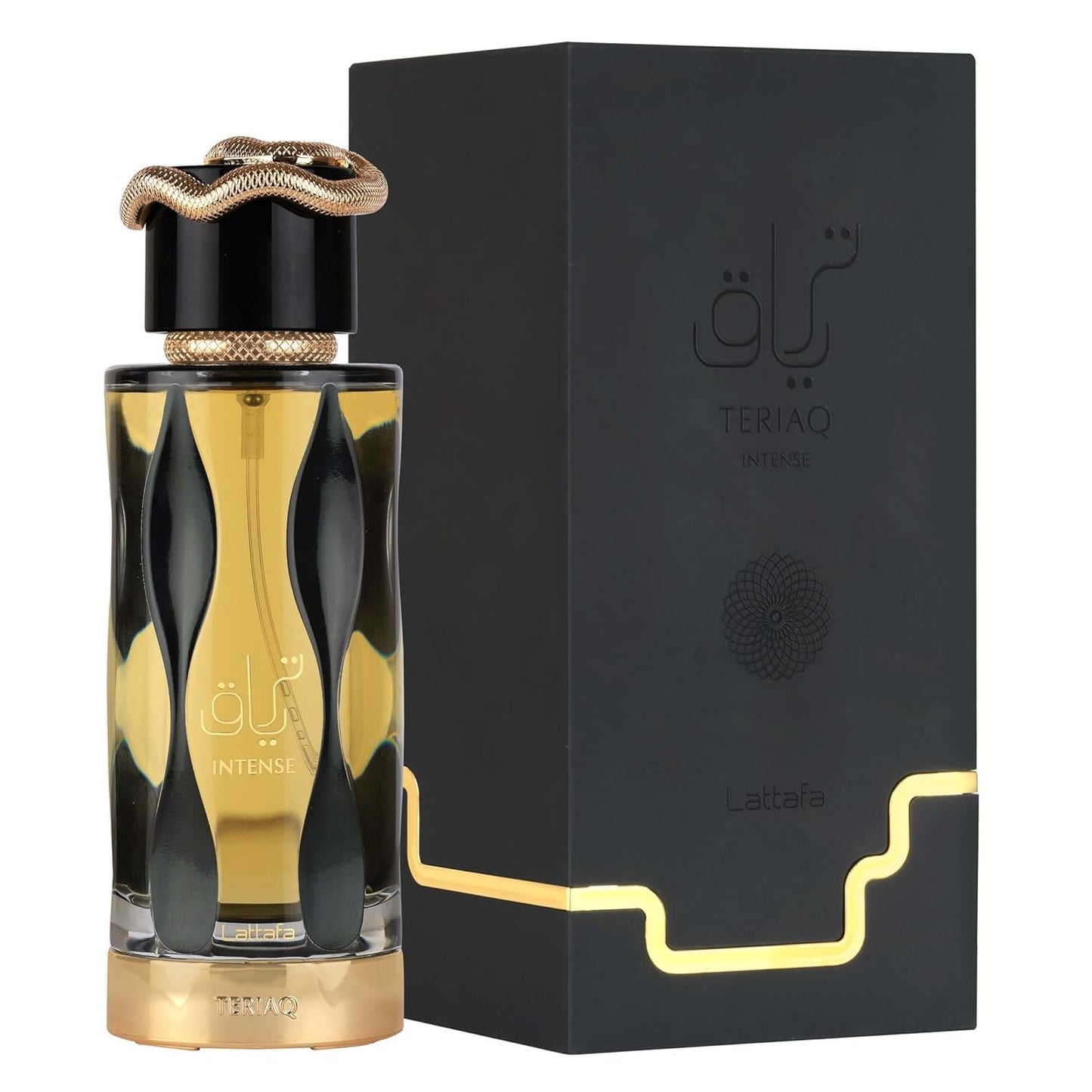 Lattafa Teriyaq Intense perfume bottle with gold snake cap next to black and gold box.