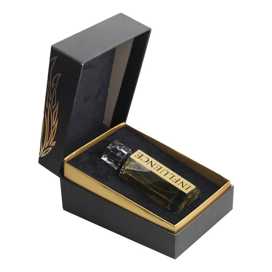 Luxury perfume bottle labeled INFLUENCE in a black and gold gift box, opened for display