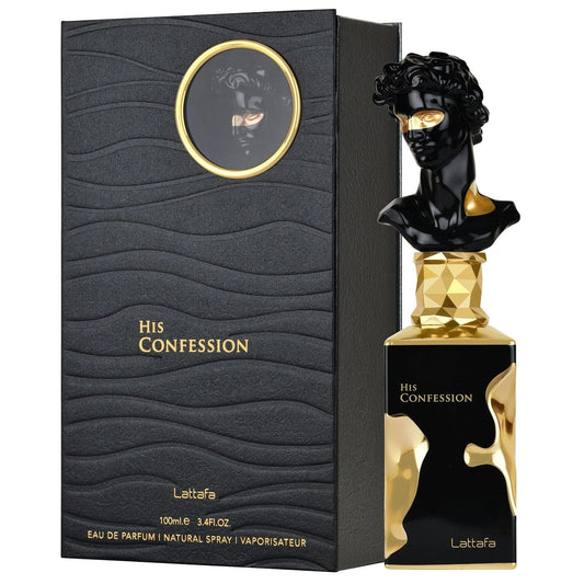 Lattafa His Confession Eau de Parfum bottle and box with black and gold statue design