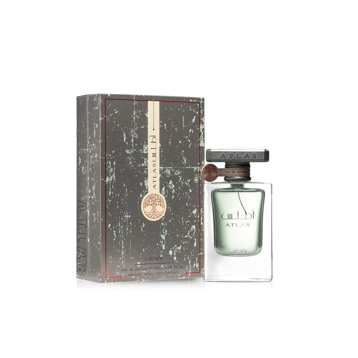 Lattafa Atlas perfume bottle and box, elegant green fragrance packaging