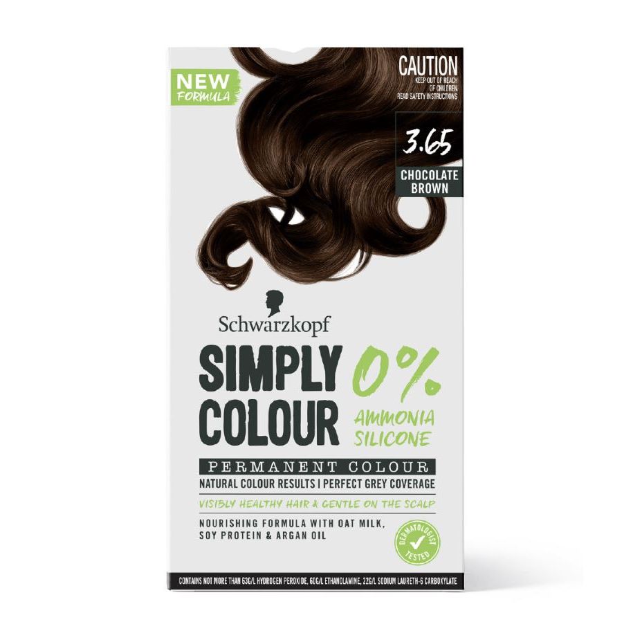 Schwarzkopf Simply Colour 3.65 Chocolate Brown permanent hair dye box with natural formula highlights.